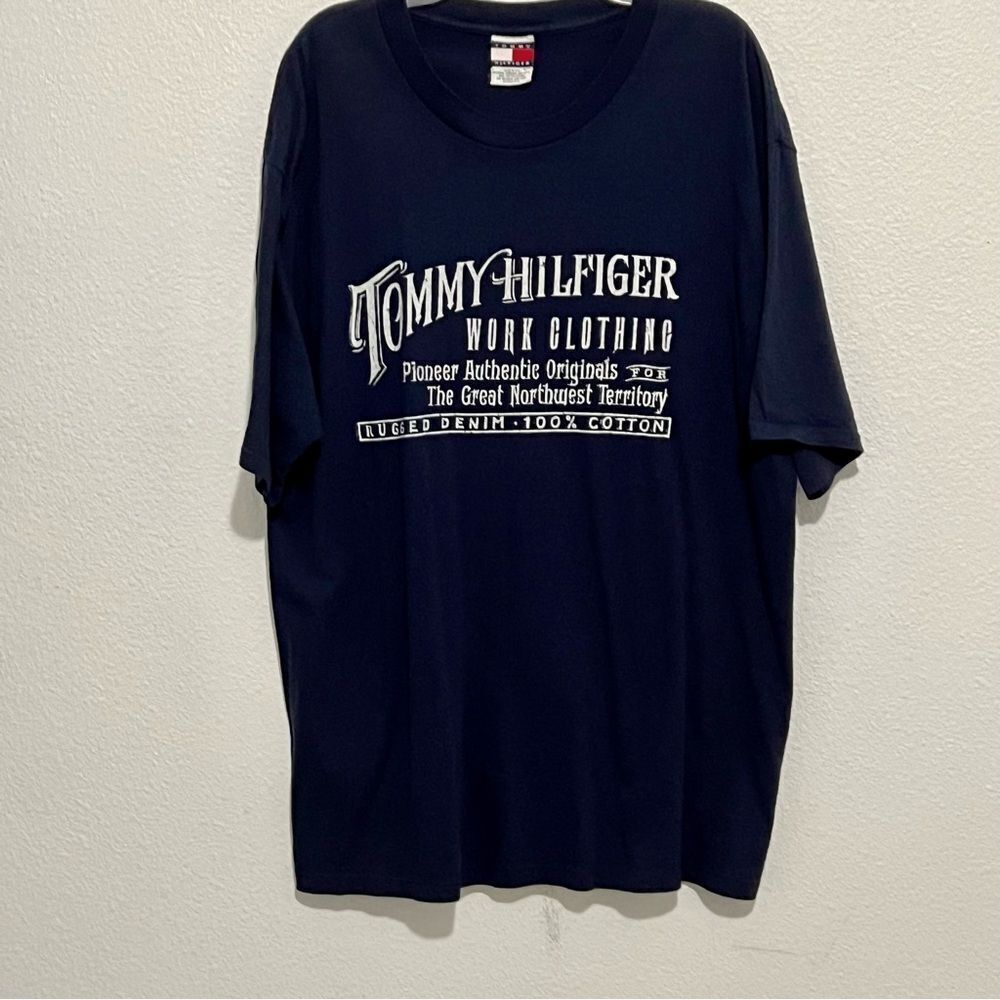 Vtg 90s Boxy Tommy Hilfiger Navy Crewneck Oversized Single Stitch Tee Shirt XL